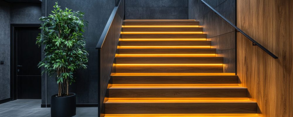 A stylish staircase with wooden steps illuminated by soft warm lights leads to an upper floor in a sleek modern building. The surrounding walls are adorned with dark panels, enhancing the ambiance.